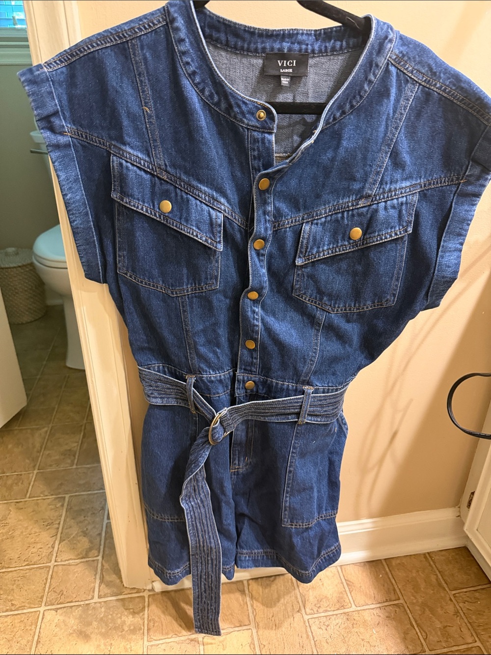 VICI Dark Blue Denim Sleeveless Jumpsuit with Belt